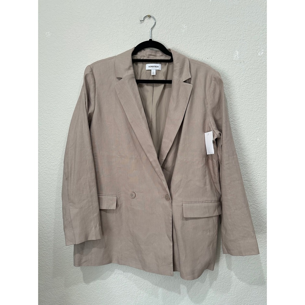 Nordstrom Women Tan Beige Linen Blend Double Breasted Blazer Jacket Size L NWOT
